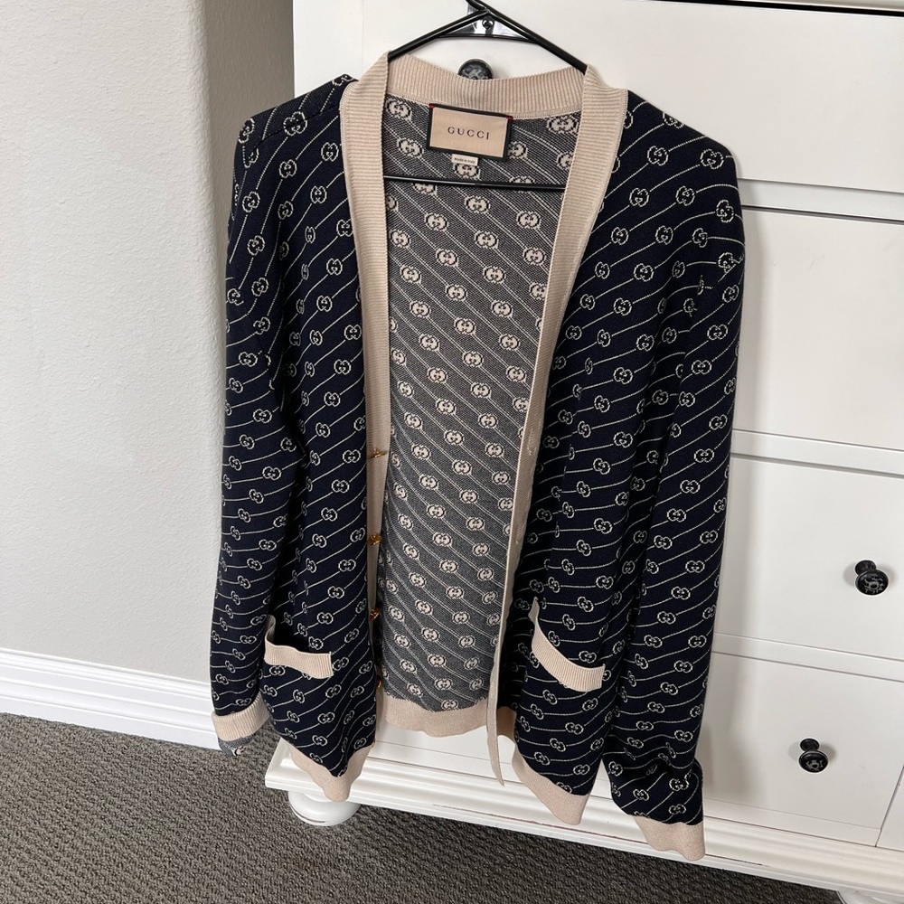 Gucci Navy and Beige GG Monogram Open Cardigan
